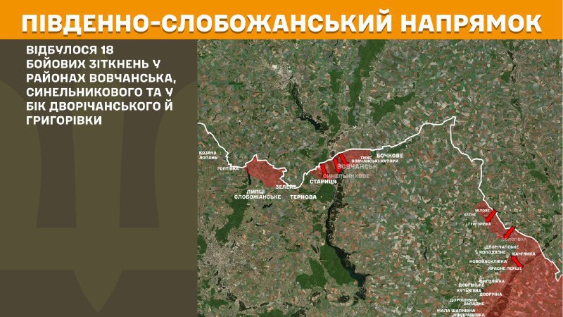 At South Slobozhansky(Kharkiv) direction clashes yesterday near Vovchansk, Synelnykove and towards Dvorichanske and Hryhorivka, - General Staff of Armed Forces of Ukraine reports