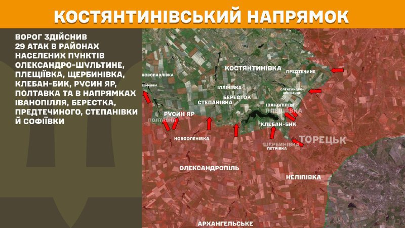 At Kostiantynivka direction clashes yesterday near Oleksandro-Shultyne, Pleschiyivka, Scherbynivka, Kleban-Byk, Rusyn Yar, Poltavka and towards Ivanopillya, Berestok, Predtechyne, Stepanivka and Sofiyivka, - General Staff of Armed Forces of Ukraine reports