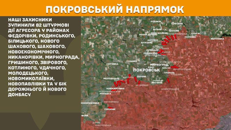 At Pokrovsk direction clashes yesterday near Fedorivka, Rodynske, Bilytske, Nove Shakhove, Shakhove, Novoekonomichne, Nykanorivka, Myrnohrad, Hryshyne, Zvirove, Kotlyne, Udachne, Molodetske, Novomykolayivka, Novopavlivka and towards Dorozhne and Novy Donbas, - General Staff of Armed Forces of Ukraine reports