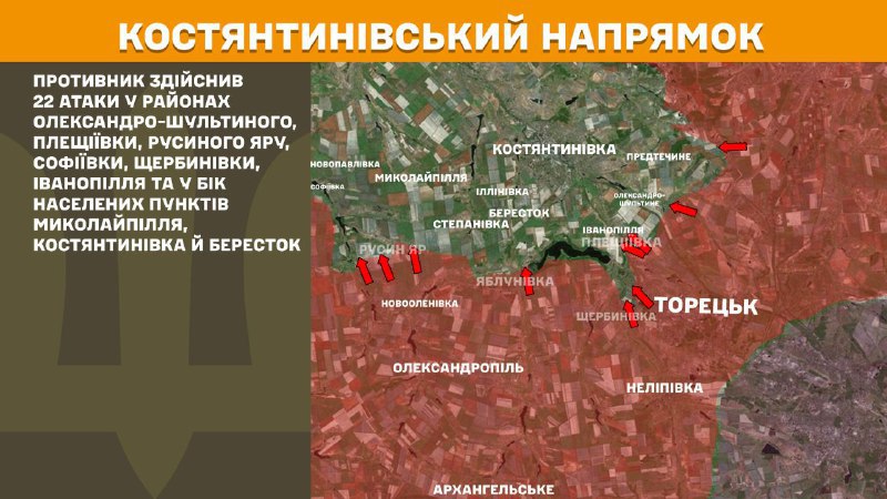 At Kostiantynivka direction clashes yesterday near Oleksandro-Shultyne, Pleschiyivka, Rusyn Yar, Sofiyivka, Scherbynivka, Ivanivka and towards Mykolaypillya, Kostyantynivka and Berestok, - General Staff of Armed Forces of Ukraine reports