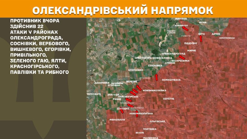 At Oleksandrivka direction clashes yesterday near Oleksandrohrad, Sosnivka, Verbove, Vyshneve, Yehorivka, Pryvilne, Zelenyi Hai, Yalta, Krasnohirske, Pavlivka and Rybne, - General Staff of Armed Forces of Ukraine reports