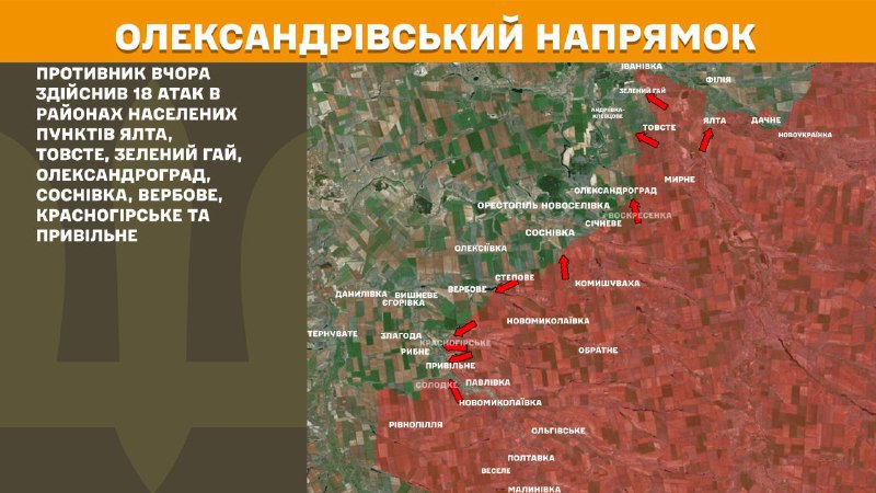 At Oleksandrivka direction clashes yesterday near Yalta, Tovste, Zelenyy Hay, Oleksandrohrad, Sosnivka, Verbove, Krasnohirske and Pryvilne, - General Staff of Armed Forces of Ukraine reports