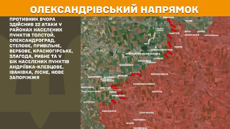 At Oleksandrivka direction clashes yesterday near Tolstoy, Oleksandrohrad, Stepove, Pryvilne, Verbove, Krasnohirske, Zlahoda, Rybne and towards Andriyivka-Klevtsove, Ivanivka, Lisne, Nove Zaporizhzhya, - General Staff of Armed Forces of Ukraine reports