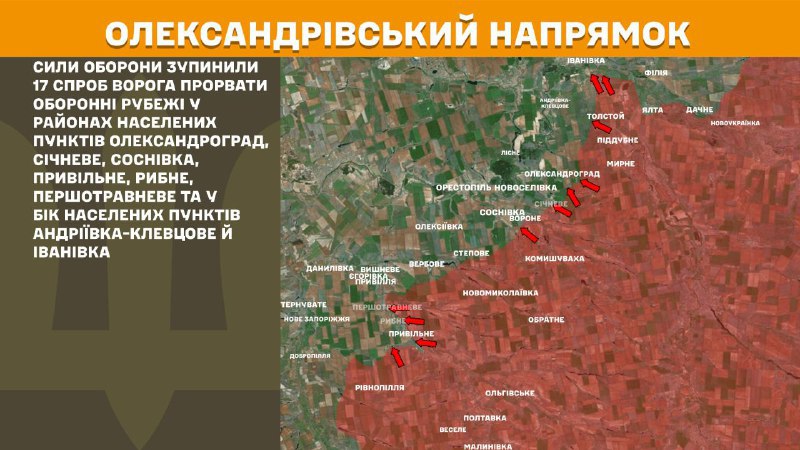 At Oleksandrivka direction clashes yesterday near Oleksandrohrad, Sichneve, Sosnivka, Pryvilne, Rybne, Pershotravneve and towards towns Andriyivka-Klevtsove and Ivanivka, - General Staff of Armed Forces of Ukraine reports