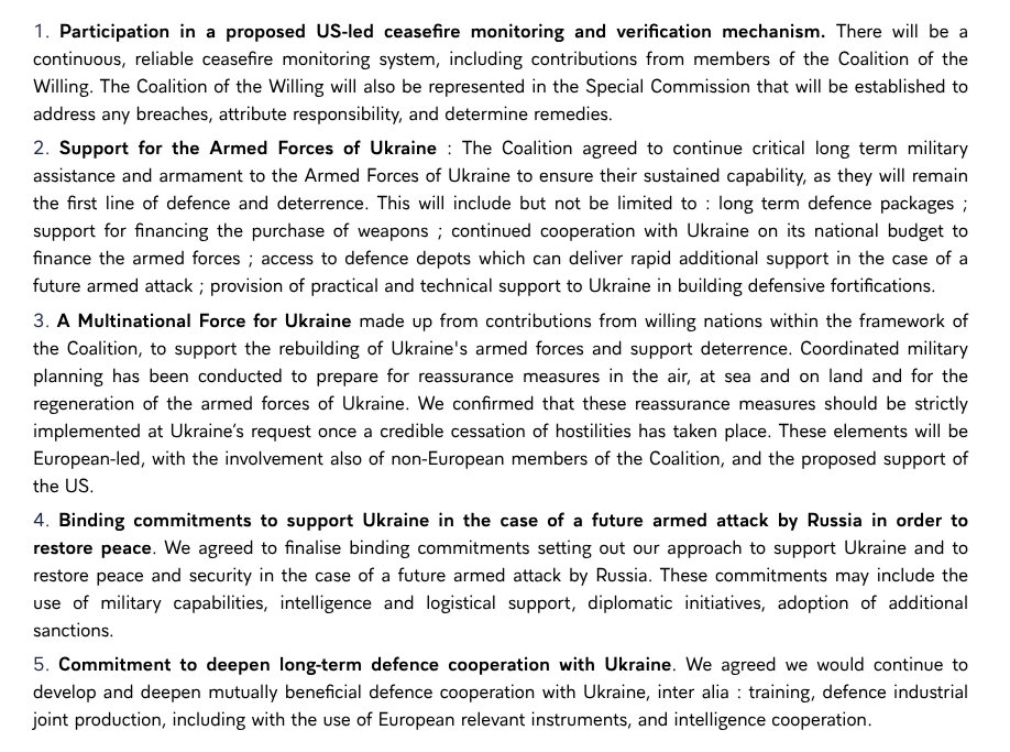Starmer and Macron have signed up to once a Ukrainian peace deal is struck. British troops on the ground in Ukraine. Military hubs set up in country. Promises to act if Russia attacks again