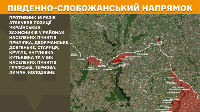At South Slobozhansky(Kharkiv) direction clashes yesterday near Prylipka, Dvorichanske, Dovhenke, Starytsya, Kruhle, Chuhunivka, Kutkivka and towards Hrafske, Terny, Lyman, Kolodyazne, - General Staff of Armed Forces of Ukraine reports