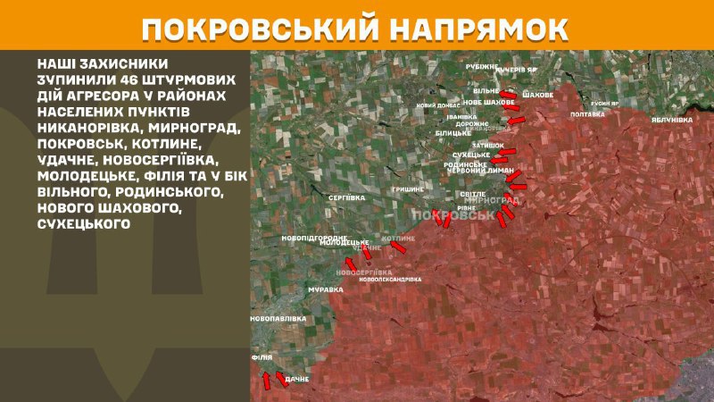 At Pokrovsk direction clashes yesterday near Nykanorivka, Myrnohrad, Pokrovsk, Kotlyne, Udachne, Novoserhiyivka, Molodetske, Filiya and towards Vilne, Rodynske, Nove Shakhove, Sukhetske, - General Staff of Armed Forces of Ukraine reports