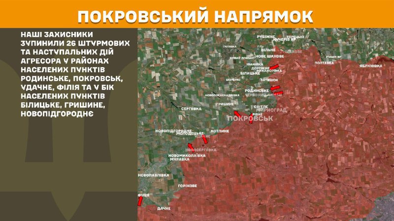At Pokrovsk direction clashes yesterday near Rodynske, Pokrovsk, Udachne, Filiya and towards towns Bilytske, Hryshyne, Novopidhorodnye, - General Staff of Armed Forces of Ukraine reports