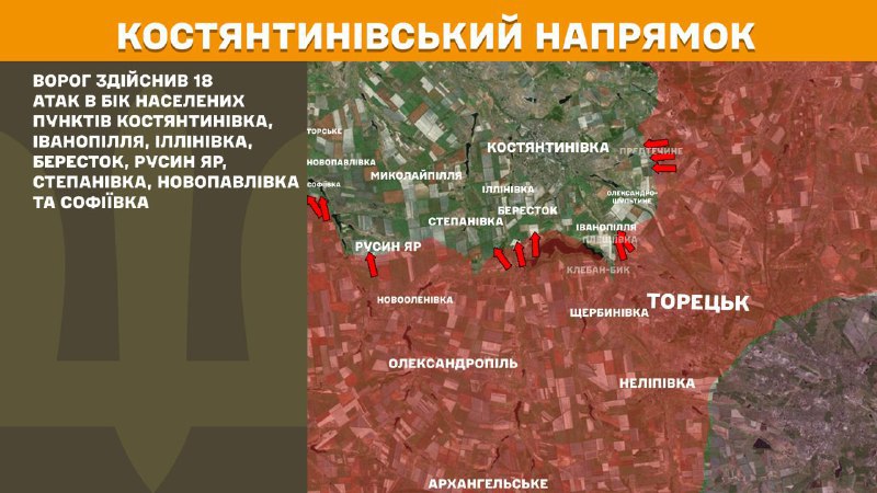 At Kostiantynivka direction clashes yesterday near Kostyantynivka, Ivanopillya, Illinivka, Berestok, Rusyn Yar, Stepanivka, Novopavlivka and Sofiyivka, - General Staff of Armed Forces of Ukraine reports