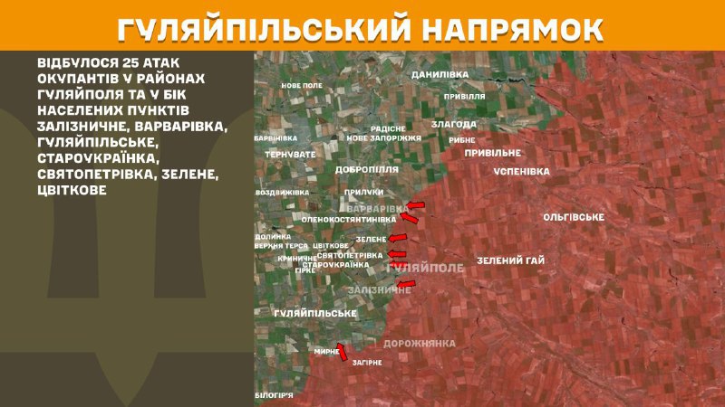 At Huliaipole direction clashes yesterday near Huliaipole and towards towns Zaliznychne, Varvarivka, Huliaipilske, Staroukrayinka, Svyatopetrivka, Zelene, Tsvitkove, - General Staff of Armed Forces of Ukraine reports