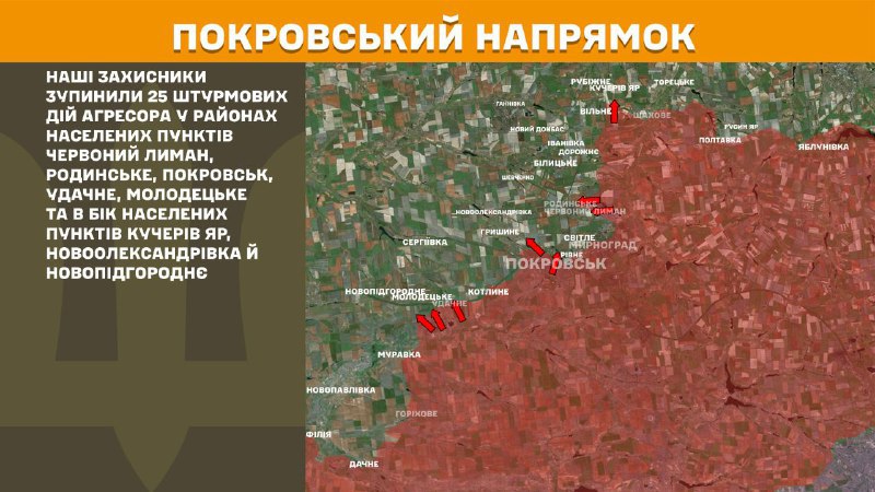 At Pokrovsk direction clashes yesterday near Chervonyy Lyman, Rodynske, Pokrovsk, Udachne, Molodetske and towards towns Kucheriv Yar, Novooleksandrivka and Novopidhorodnye, - General Staff of Armed Forces of Ukraine reports