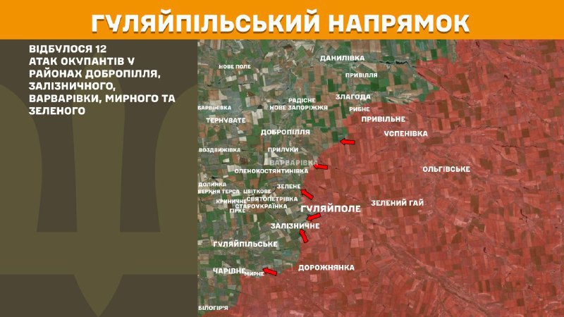 At Huliaipole direction clashes yesterday near Dobropillya, Zaliznychne, Varvarivka, Myrne and Zelene, - General Staff of Armed Forces of Ukraine reports