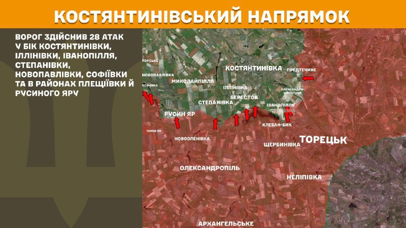 At Kostiantynivka direction clashes yesterday near Kostyantynivka, Illinivka, Ivanopillya, Stepanivka, Novopavlivka, Sofiyivka and near Pleschiyivka and Rusyn Yar, - General Staff of Armed Forces of Ukraine reports