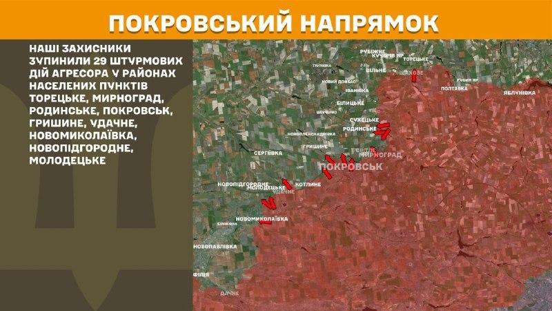At Pokrovsk direction clashes yesterday near Toretske, Myrnohrad, Rodynske, Pokrovsk, Hryshyne, Udachne, Novomykolayivka, Novopidhorodnie, Molodetske, - General Staff of Armed Forces of Ukraine reports