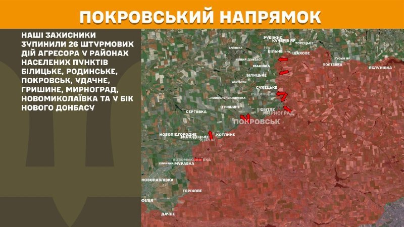 At Pokrovsk direction clashes yesterday near Bilytske, Rodynske, Pokrovsk, Udachne, Hryshyne, Myrnohrad, Novomykolayivka and towards Novyi Donbas., - General Staff of Armed Forces of Ukraine reports