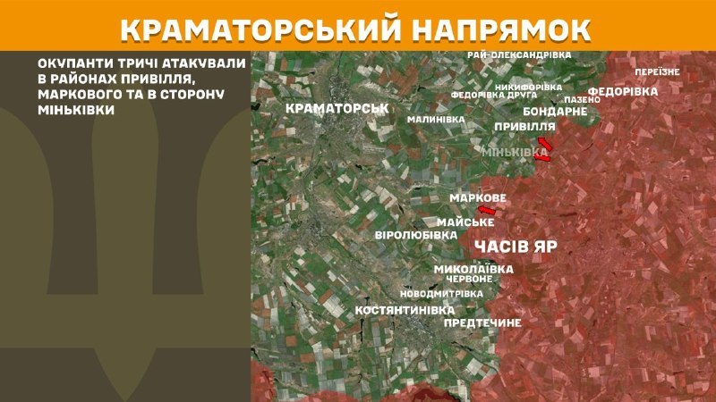 At Kramatorsk direction clashes yesterday near  Pryvillya, Markove and towards Minkivka, - General Staff of Armed Forces of Ukraine reports