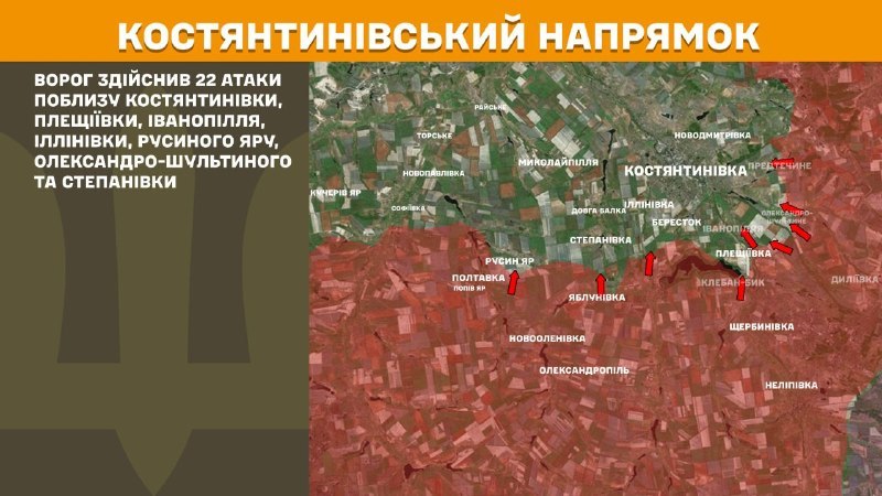 In der Richtung Kostjantyniwka kam es gestern zu Zusammenstößen in der Nähe von Kostjantyniwka, Pleschijiwka, Iwanopillja, Illiniwka, Rusyn Jar, Oleksandro-Schultyne und Stepaniwka, berichtet der Generalstab der Streitkräfte der Ukraine